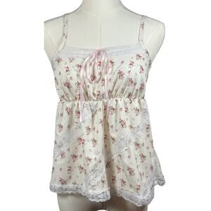 Romwe Womens Sm Kawaii Ditsy Floral Print Contrast Lace Babydoll Cami Top Fairy
